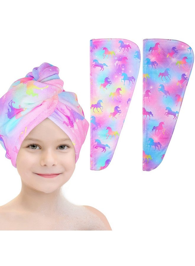 Basumee Basumee Microfiber Hair Towel Wrap for Kids 2 Pack Rapid Drying Hair Towel with Button Hair Turbans for Wet Hair Wraps Head Towel Wrap for Women and Girls, Colorful Unicorn - Image 1