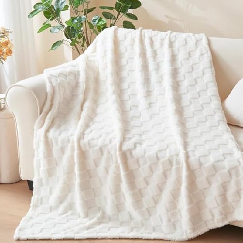 Loquat Soft Twin Blanket, Twin Blanket for Couch, Ivory Premium Silky Flannel Fleece 3D Checkered Lightweight Bed Blanket for Women, Super Soft Blanket for All Season Use - Image 1