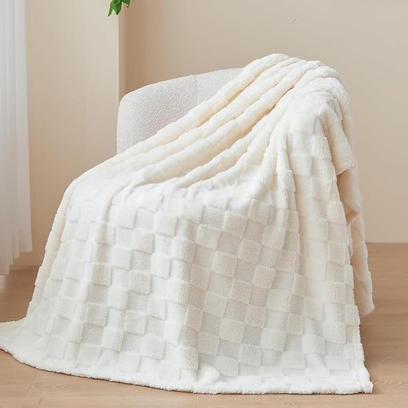 Loquat Soft Twin Blanket, Twin Blanket for Couch, Ivory Premium Silky Flannel Fleece 3D Checkered Lightweight Bed Blanket for Women, Super Soft Blanket for All Season Use - Image 3