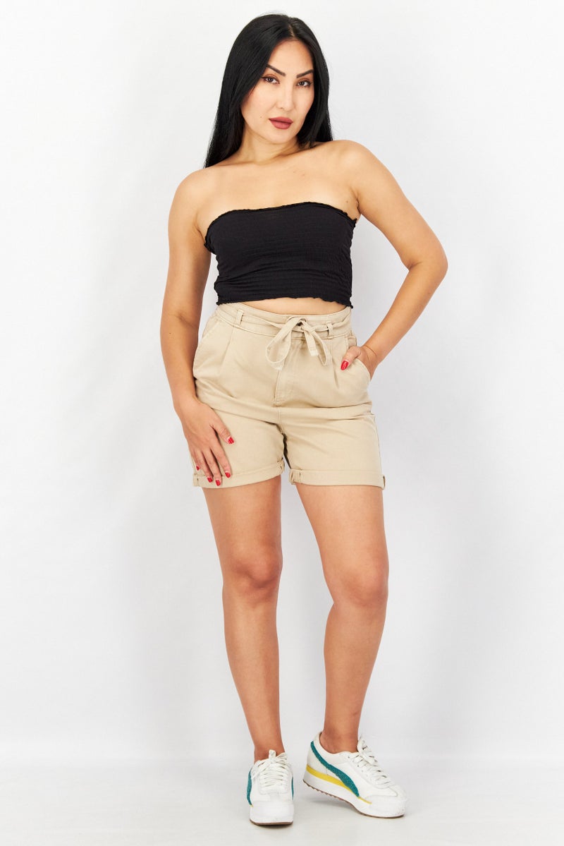 EDC Women Regular Fit Plain Belted Shorts, Beige - Image 3