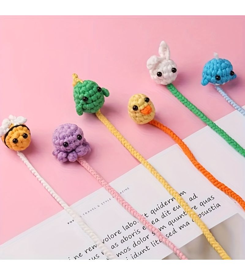Handmade Crochet Animal Bookmarks 4 Pcs Rabbit Whale Chick Octopus Cute Little Yellow Duck - Image 1