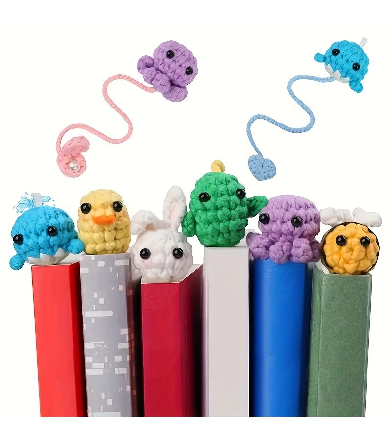 Handmade Crochet Animal Bookmarks 4 Pcs Rabbit Whale Chick Octopus Cute Little Yellow Duck - Image 3