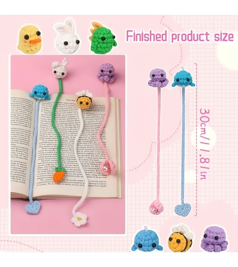 Handmade Crochet Animal Bookmarks 4 Pcs Rabbit Whale Chick Octopus Cute Little Yellow Duck - Image 2