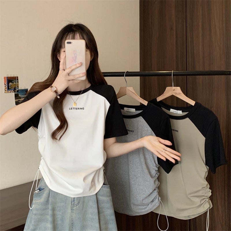 Women's Short Sleeve Alphanumeric Print T-Shirt Casual Plus Size Contrast Drawstring Top - Image 4