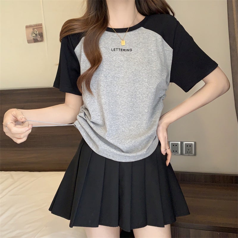 Women's Short Sleeve Alphanumeric Print T-Shirt Casual Plus Size Contrast Drawstring Top - Image 3