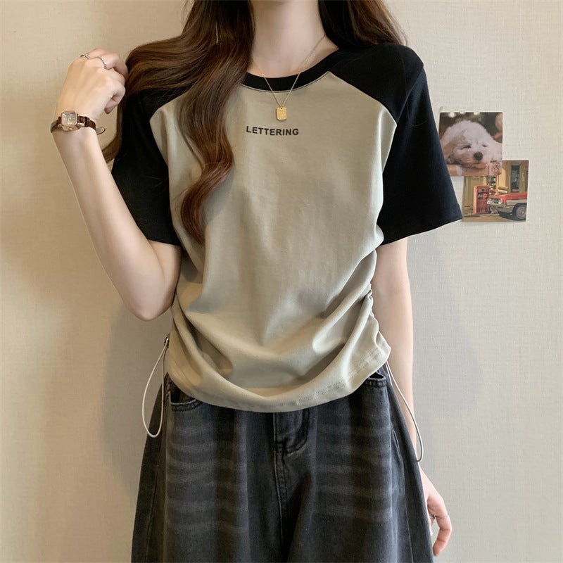 Women's Short Sleeve Alphanumeric Print T-Shirt Casual Plus Size Contrast Drawstring Top - Image 1