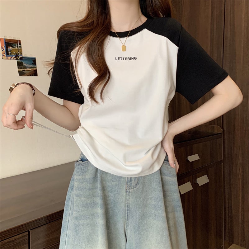Women's Short Sleeve Alphanumeric Print T-Shirt Casual Plus Size Contrast Drawstring Top - Image 2