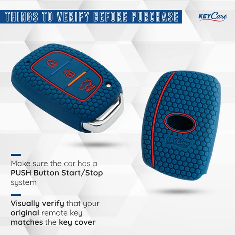 KeyZone Keycare KC07 Blue Silicone Key Cover for Creta, Elite i20, Active i20, Aura, Verna 4s, Xcent, Tucson, Elantra 3 Button Smart Key With KC Mini Keyring - Image 2