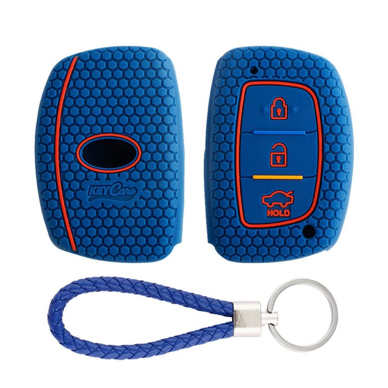 KeyZone Keycare KC07 Blue Silicone Key Cover for Creta, Elite i20, Active i20, Aura, Verna 4s, Xcent, Tucson, Elantra 3 Button Smart Key With KC Mini Keyring - Image 1