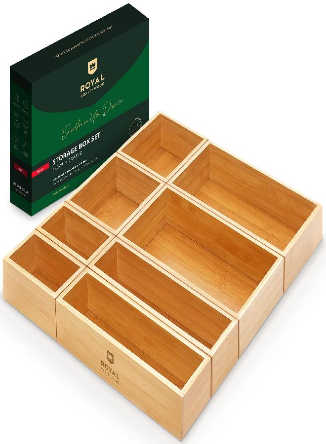 Royal Craft Wood ROYAL CRAFT WOOD Luxury Bamboo Storage Box, Bin Set - Multi-Use Drawer Organizer for Kitchen, Bathroom, Office Desk, Makeup, Jewelry (8 Boxes)  - Image 1