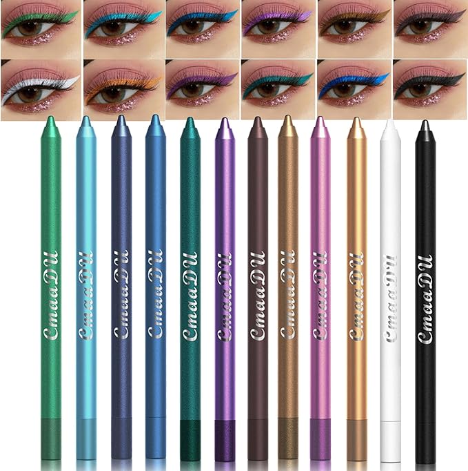 RoseFlower 12 Colors Glitter Eyeliner Set Coloured Eyeliner Neon Eyeshadow Pencil with Green Blue Burgundy Black White Eye Liners Pigmented Waterproof Long Lasting Eye Liner Christmas Makeup Gift Kit - Image 1