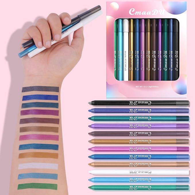 RoseFlower 12 Colors Glitter Eyeliner Set Coloured Eyeliner Neon Eyeshadow Pencil with Green Blue Burgundy Black White Eye Liners Pigmented Waterproof Long Lasting Eye Liner Christmas Makeup Gift Kit - Image 4