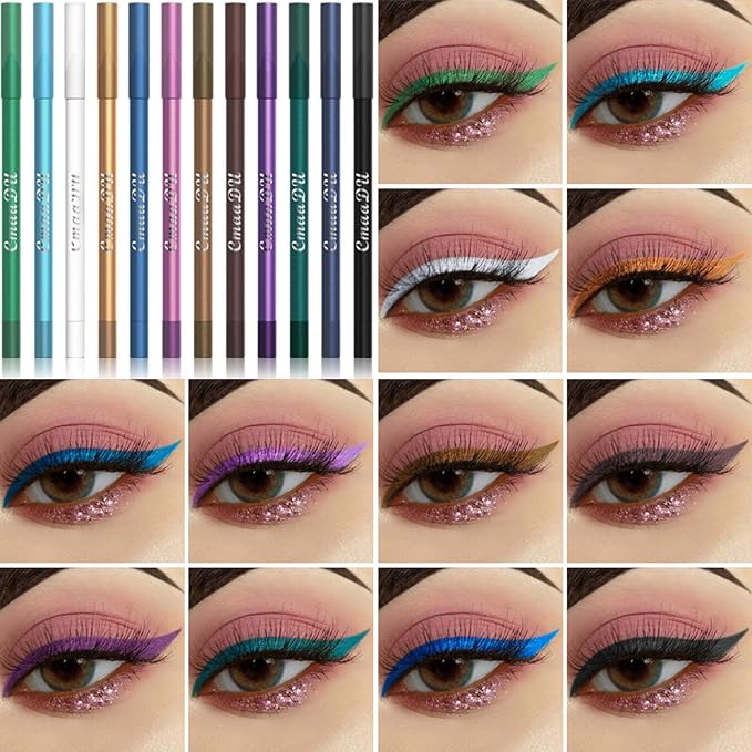 RoseFlower 12 Colors Glitter Eyeliner Set Coloured Eyeliner Neon Eyeshadow Pencil with Green Blue Burgundy Black White Eye Liners Pigmented Waterproof Long Lasting Eye Liner Christmas Makeup Gift Kit - Image 2