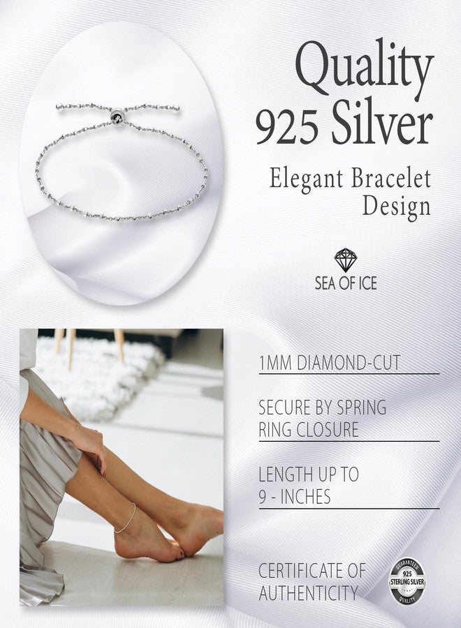 SEA OF ICE Sterling Silver 1mm Diamond-Cut Alternate Bead Rolo Chain Adjustable Bracelet for Women. - Image 5