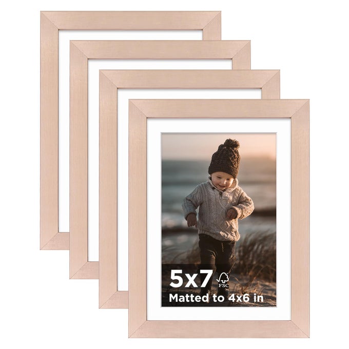 5X7 PICTURE FRAME ROSE GOLD SET OF 4 WOODEN PHOTO FRAMES MATTED 4X6 WITH PLEXIGLASS FOR 4X6 WITH MAT OR 5X7 WITHOUT MAT FOR TABLE AND WALL DISPLAY