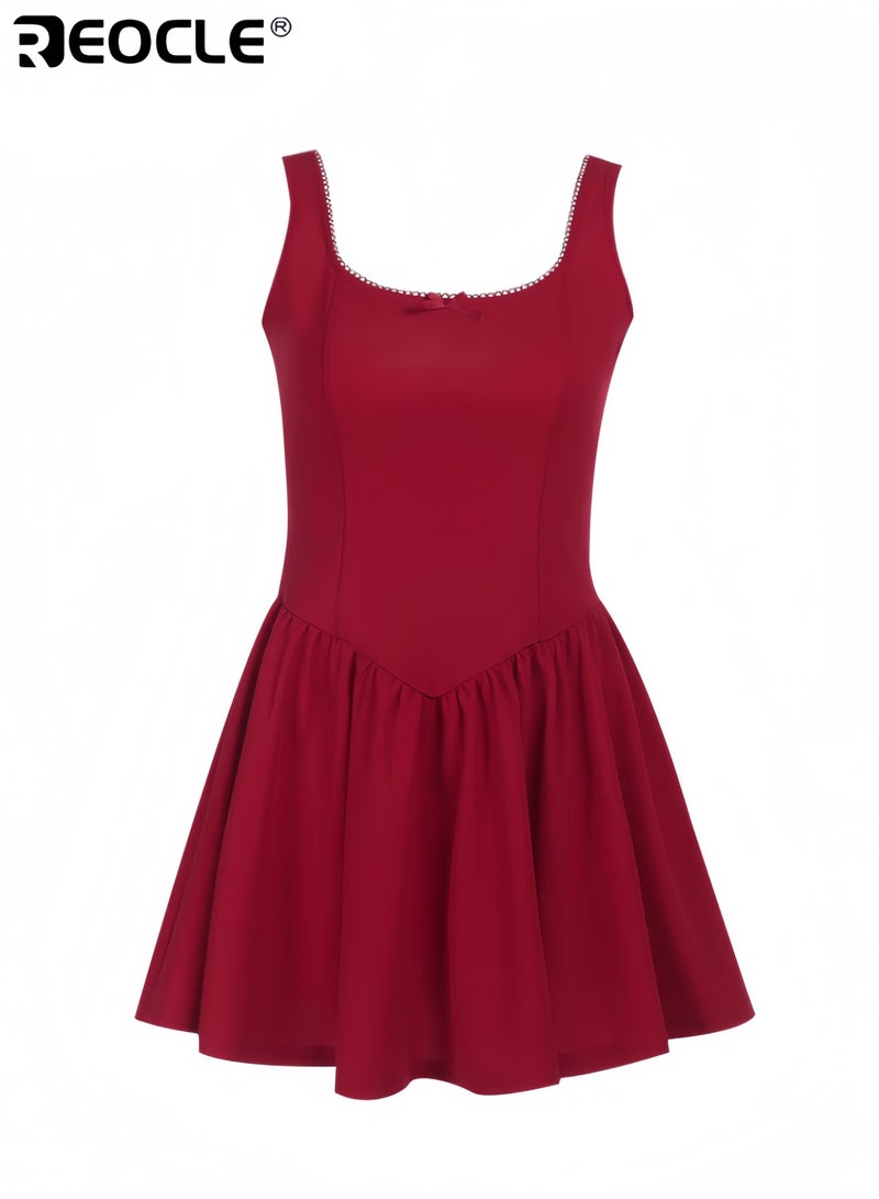 REOCLE Women's Summer Sleeveless Square Neck A-line Ruffle Hem Mini Tank Dress with Pockets - Image 5