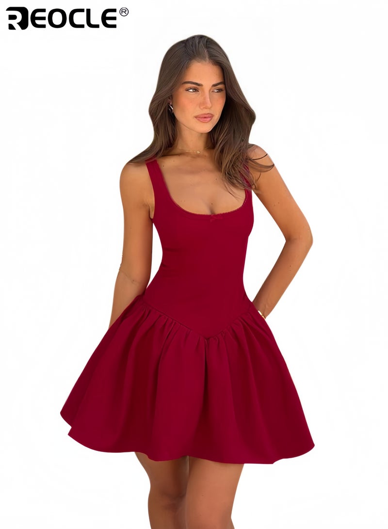 REOCLE Women's Summer Sleeveless Square Neck A-line Ruffle Hem Mini Tank Dress with Pockets - Image 4