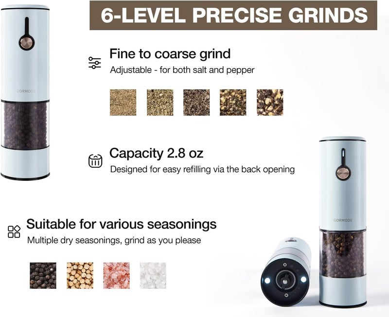 GORMODE Electric Pepper Grinder and Salt Mill Set - Large Capacity USB Rechargeable Automatic Grinder with Dual LED Lights, One-Handed Operation & Slide Cover - Brushed Stainless Steel - Image 4