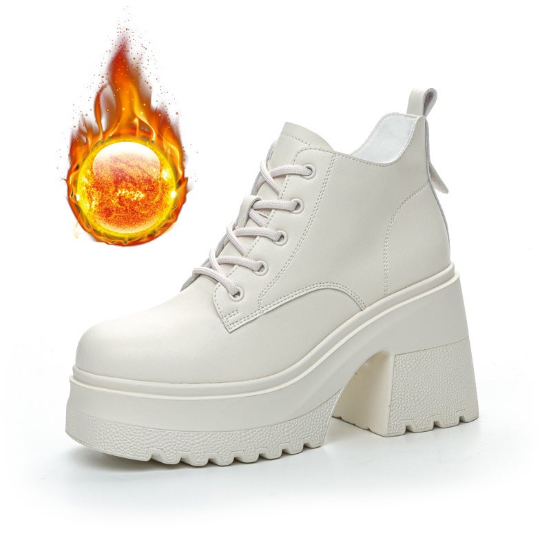 Autumn and Winter Womens Shoes New 10cm High-heeled Shoes Casual Short Boots Womens Martin Boots Lace-up All-match Single Cotton Shoes Rice cotton