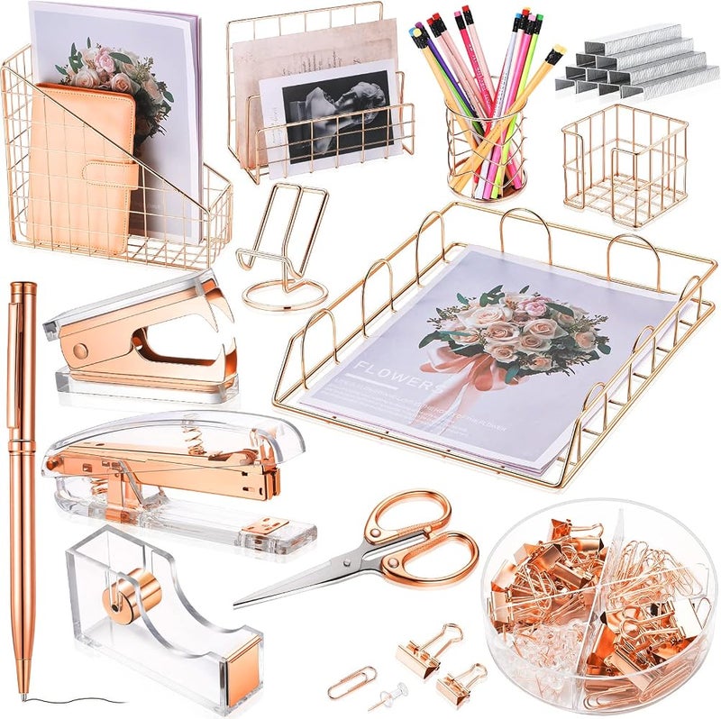 Yaomiao 13 Pcs Desk Accessories Kit Organizer Office Supplies Set Acrylic Stapler Staple Remover Tape Holder Pen Cup Magazine File Letter Sorter Note Clip Holder Phone Holder Ballpoint Pen Scissor (Rose Gold) - Image 1