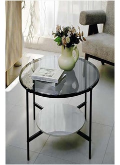 AGD Coffee Table,2-Tier Round  Luxury Modern Center Table with Large Glass Top and Low Sintered Stone Storage Shelf, Home Sofa Side Furniture for Living Room Grey  - Image 1