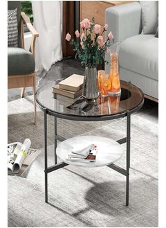AGD Coffee Table,2-Tier Round  Luxury Modern Center Table with Large Glass Top and Low Sintered Stone Storage Shelf, Home Sofa Side Furniture for Living Room Grey  - Image 4
