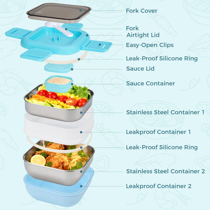 Sinnsally Bento Box Adult Lunch Box with Stainless Steel Container,Metal Lunchable Food Storage Container with Sauce Jar (Blue) - Image 2