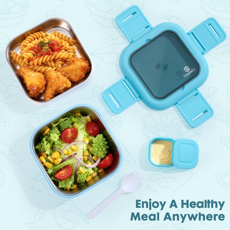 Sinnsally Bento Box Adult Lunch Box with Stainless Steel Container,Metal Lunchable Food Storage Container with Sauce Jar (Blue) - Image 3