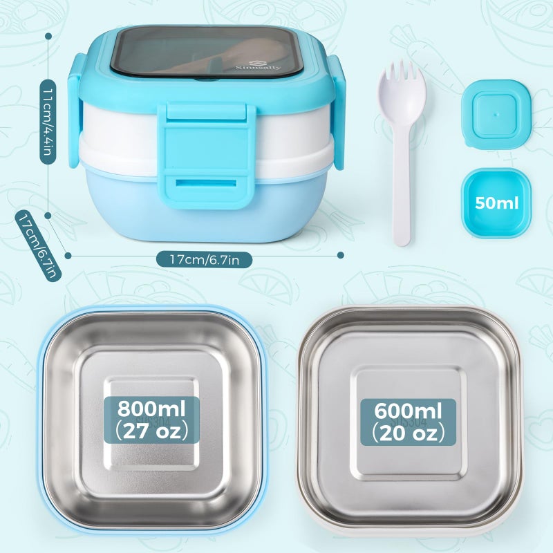 Sinnsally Bento Box Adult Lunch Box with Stainless Steel Container,Metal Lunchable Food Storage Container with Sauce Jar (Blue) - Image 4