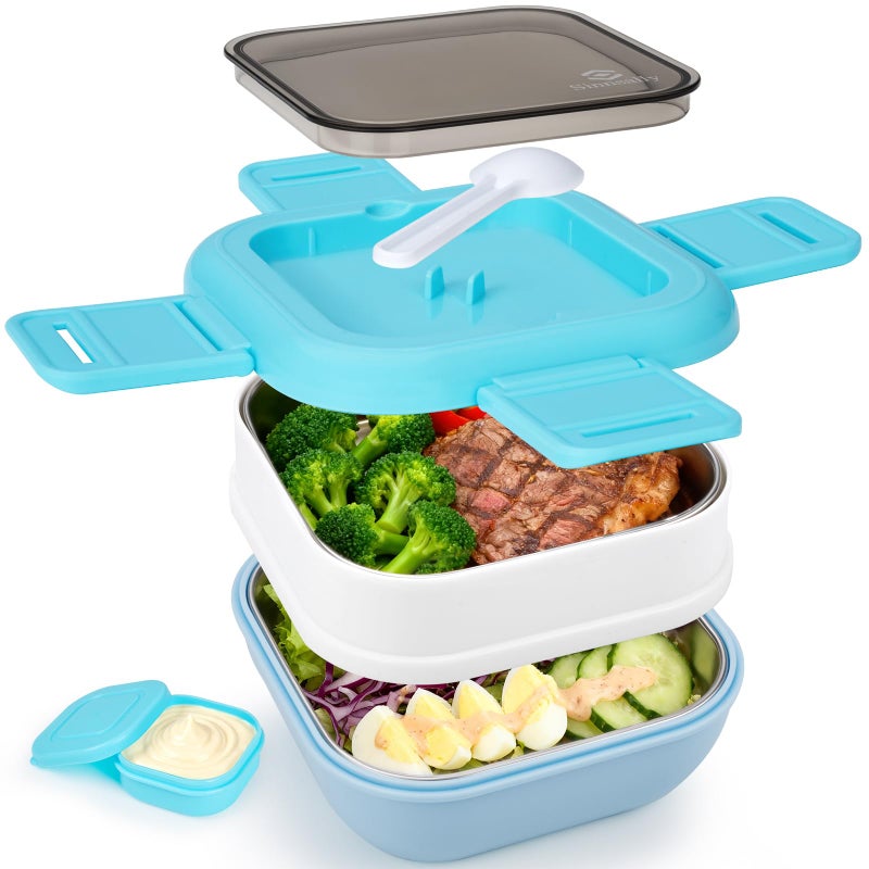 Sinnsally Bento Box Adult Lunch Box with Stainless Steel Container,Metal Lunchable Food Storage Container with Sauce Jar (Blue) - Image 1