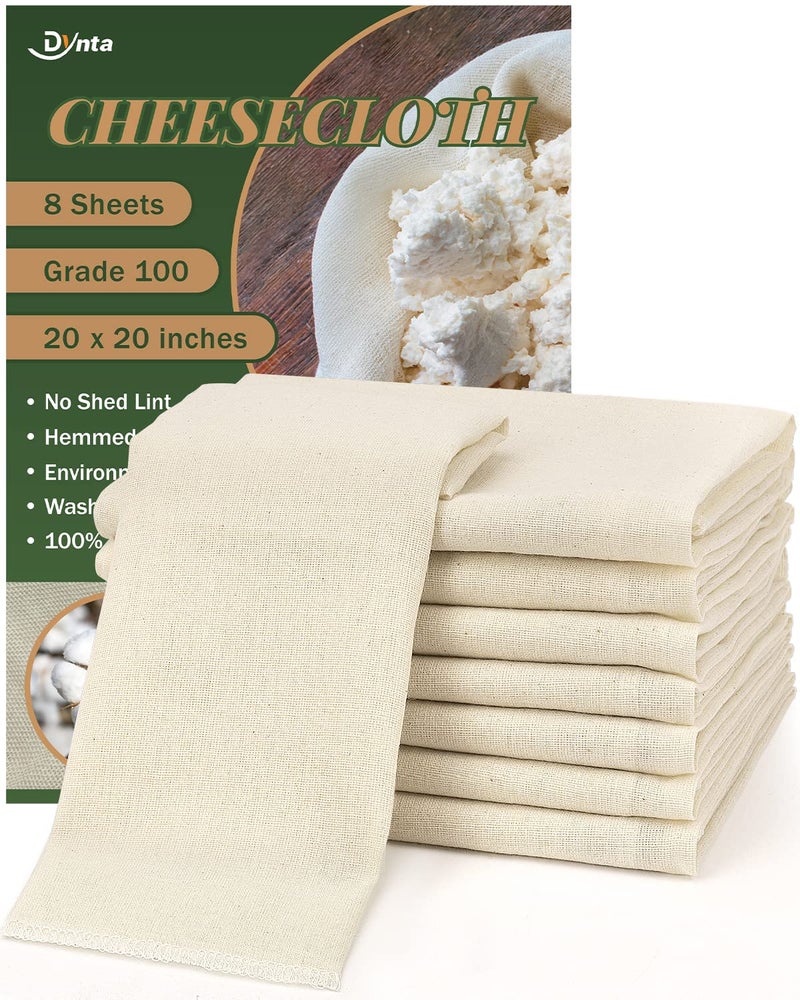 Cheesecloth for Straining Grade 100 8 Pieces Reusable Hemmed Cheesecloth 20 x 20 Inches 100 Unbleached Cotton Cheese Cloths for Straining Filtering Canning Covering Polishing and Decoration
