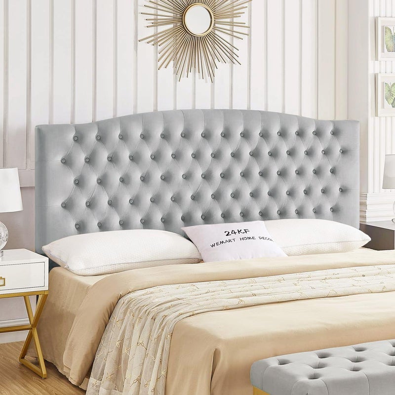 24KF Velvet Upholstered Tufted Button King Headboard and Comfortable Fashional Padded KingCalifornia King Size headboard Gray