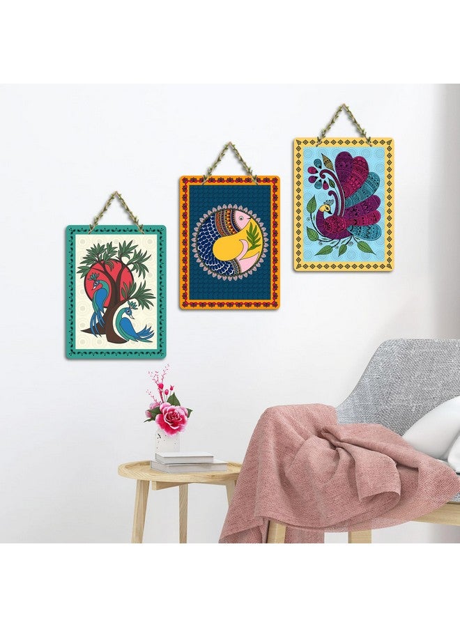 Artvibes Madhubani Art Wooden Wall Hanging Decoration Items for Home | Bedroom | Mdf Designer Artwork Decorative for Living Room | Ideal Gifts | Stylish Modern Decor Item (WH_9601N) (Set of 3) - Image 3