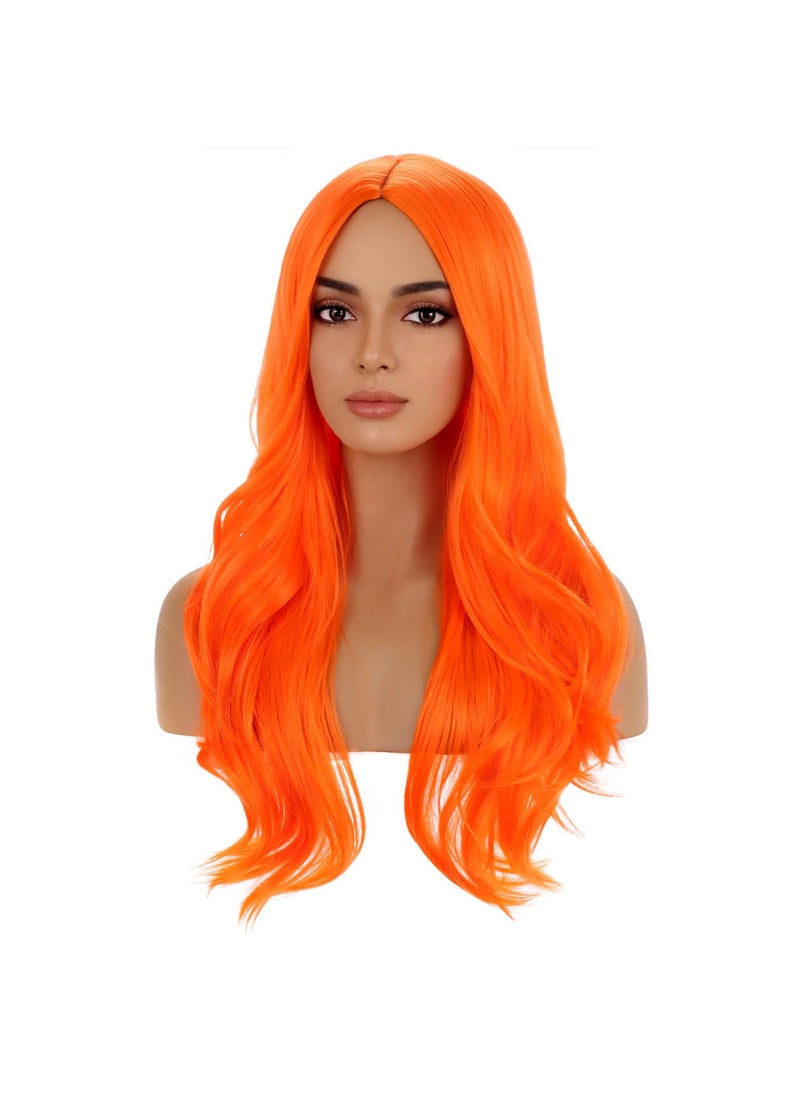 BERON - BERON Orange Long Wig for Women Girls Curly Wavy Hair Wigs 28 Halloween Cosplay Party Heat Resistant Synthetic Fiber Wigs - Image 1