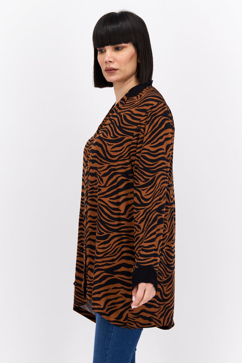 Marilyn Monroe Women Notch Collar Long Sleeve Animal Print Blouse, Multicolor - Image 2