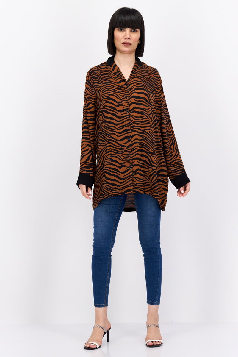 Marilyn Monroe Women Notch Collar Long Sleeve Animal Print Blouse, Multicolor - Image 3
