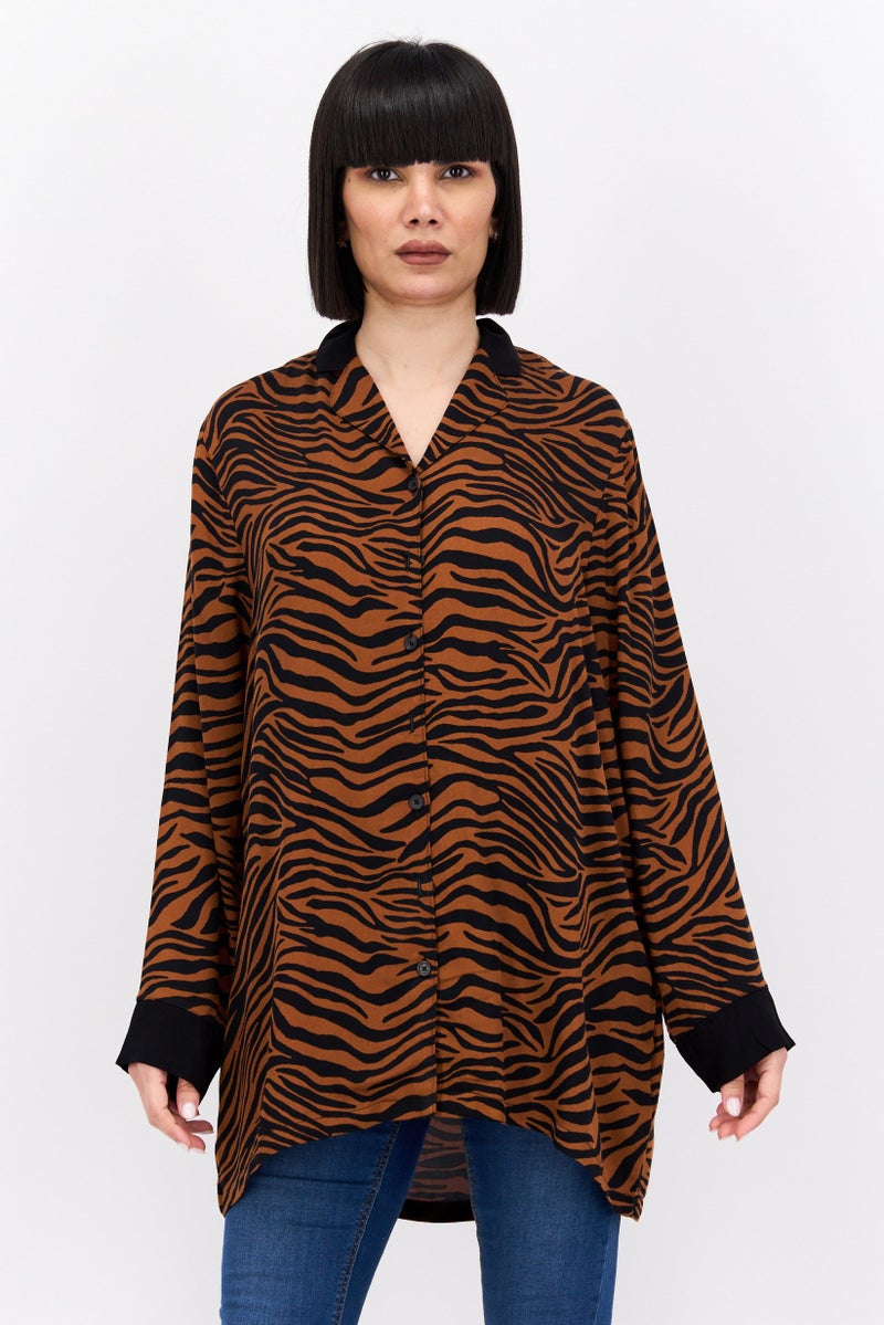 Marilyn Monroe Women Notch Collar Long Sleeve Animal Print Blouse, Multicolor - Image 1