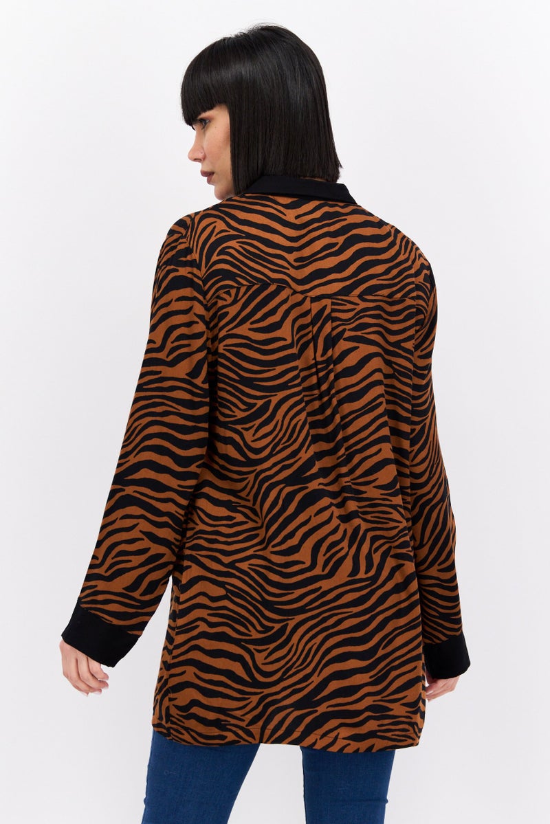 Marilyn Monroe Women Notch Collar Long Sleeve Animal Print Blouse, Multicolor - Image 4