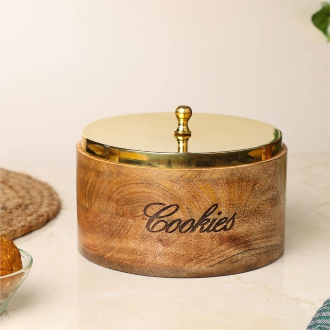DECORATIVE QUOTED MANGO WOOD AIRTIGHT WITH LIDS FOOD STORAGE CONTAINER FOR HOME KITCHEN STORING COOKIES BISCUIT OTHER FOOD STORAGE ITEMS