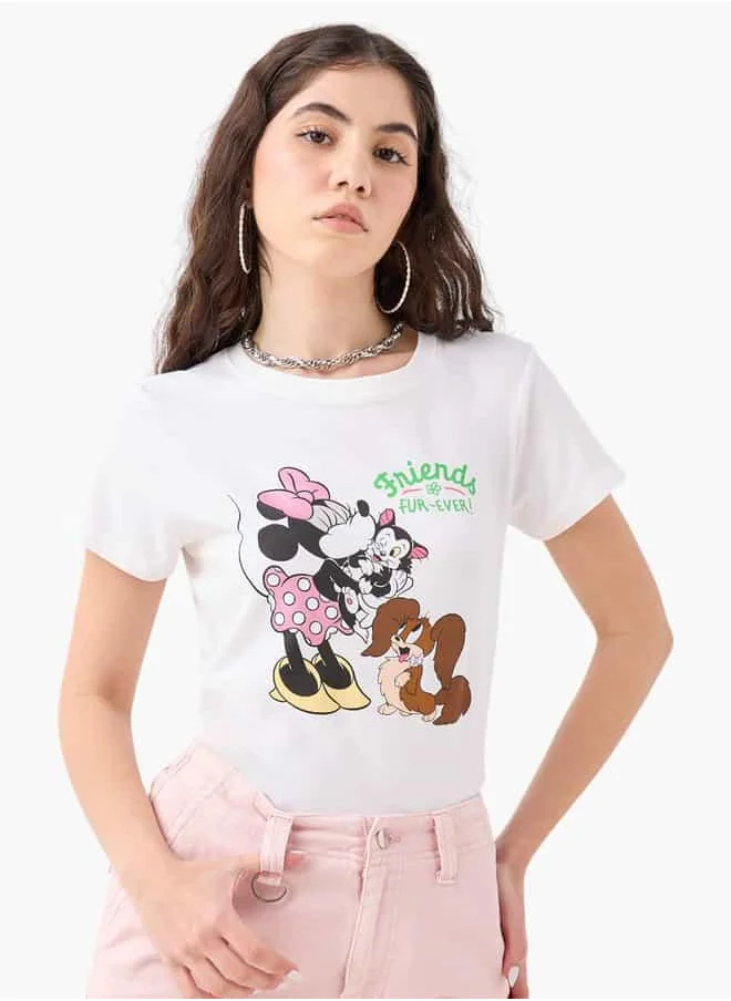 اس بي كاركترز Minnie Mouse Print T-shirt with Crew Neck and Short Sleeves