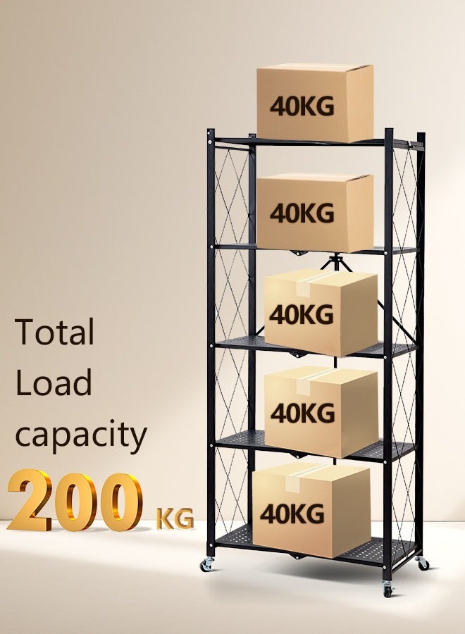 5 Tier Foldable Storage Shelves on Wheels, No Assembly, Large Capacity Metal Shelving Units, Heavy-Duty Metal Shelving Unit Rolling Cart for Garage, Kitchen, Basement, (Black, 5-Tier)  - Image 5
