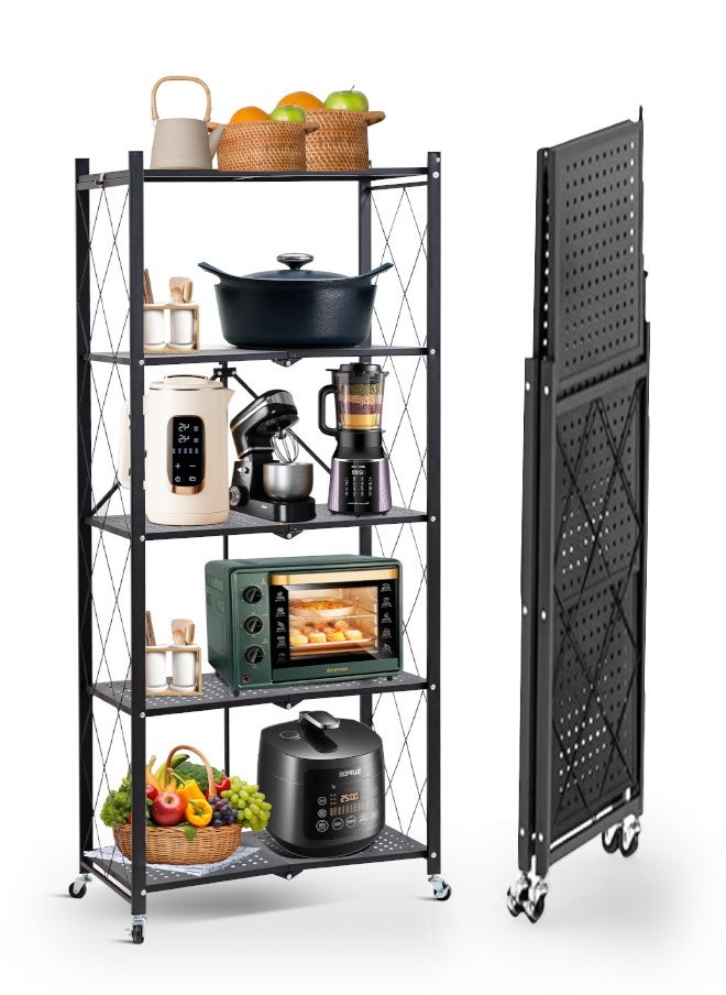 5 Tier Foldable Storage Shelves on Wheels, No Assembly, Large Capacity Metal Shelving Units, Heavy-Duty Metal Shelving Unit Rolling Cart for Garage, Kitchen, Basement, (Black, 5-Tier) - pzsku/Z8173EEACE4EA0B04A7BDZ/45/_/1740384374/cda38132-de21-4057-9a98-b01153bca0a0