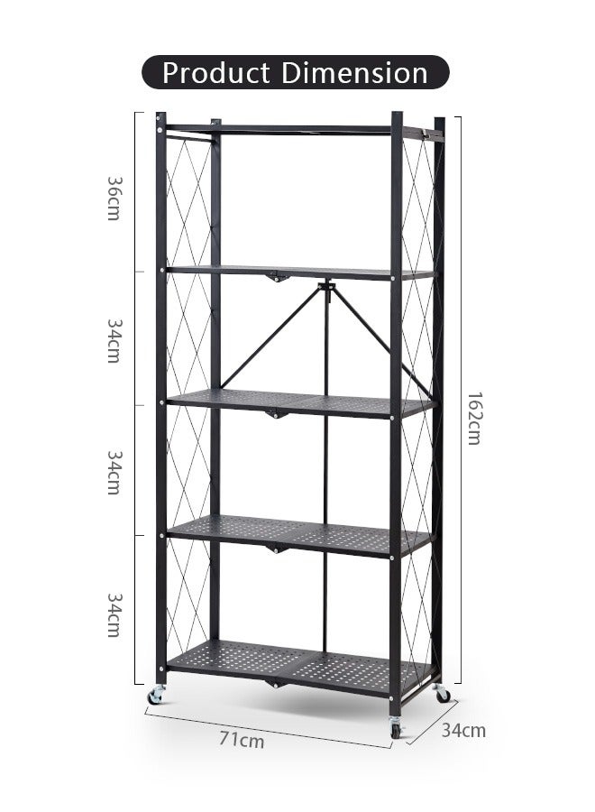 5 Tier Foldable Storage Shelves on Wheels, No Assembly, Large Capacity Metal Shelving Units, Heavy-Duty Metal Shelving Unit Rolling Cart for Garage, Kitchen, Basement, (Black, 5-Tier)  - Image 2