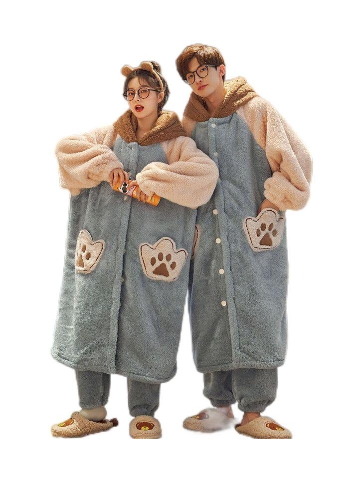 KUYING Sleeping gowns, long coral plush and plush, winter home wear for couples, worn externally  - Image 1