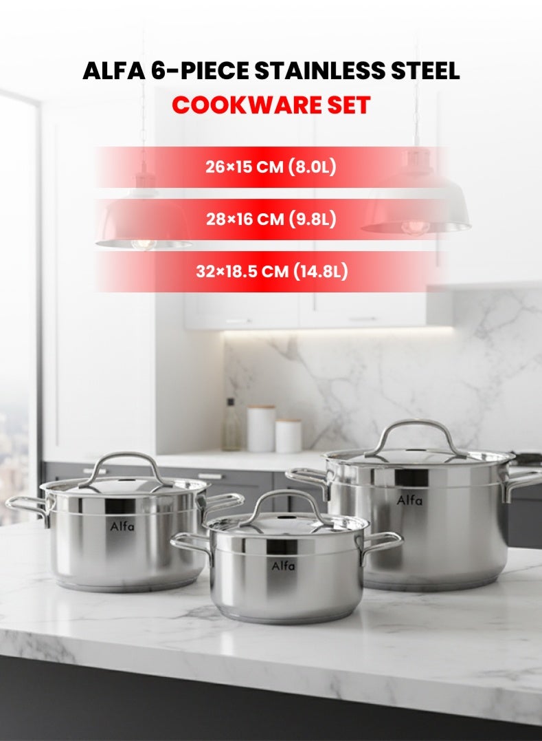 ALFA 6‑Piece Premium Cookware Set | 18/10 Cr‑Ni Stainless Steel | 3 Large Casseroles with Lids | Induction, Gas & Electric Compatible | Dishwasher Safe - Image 1