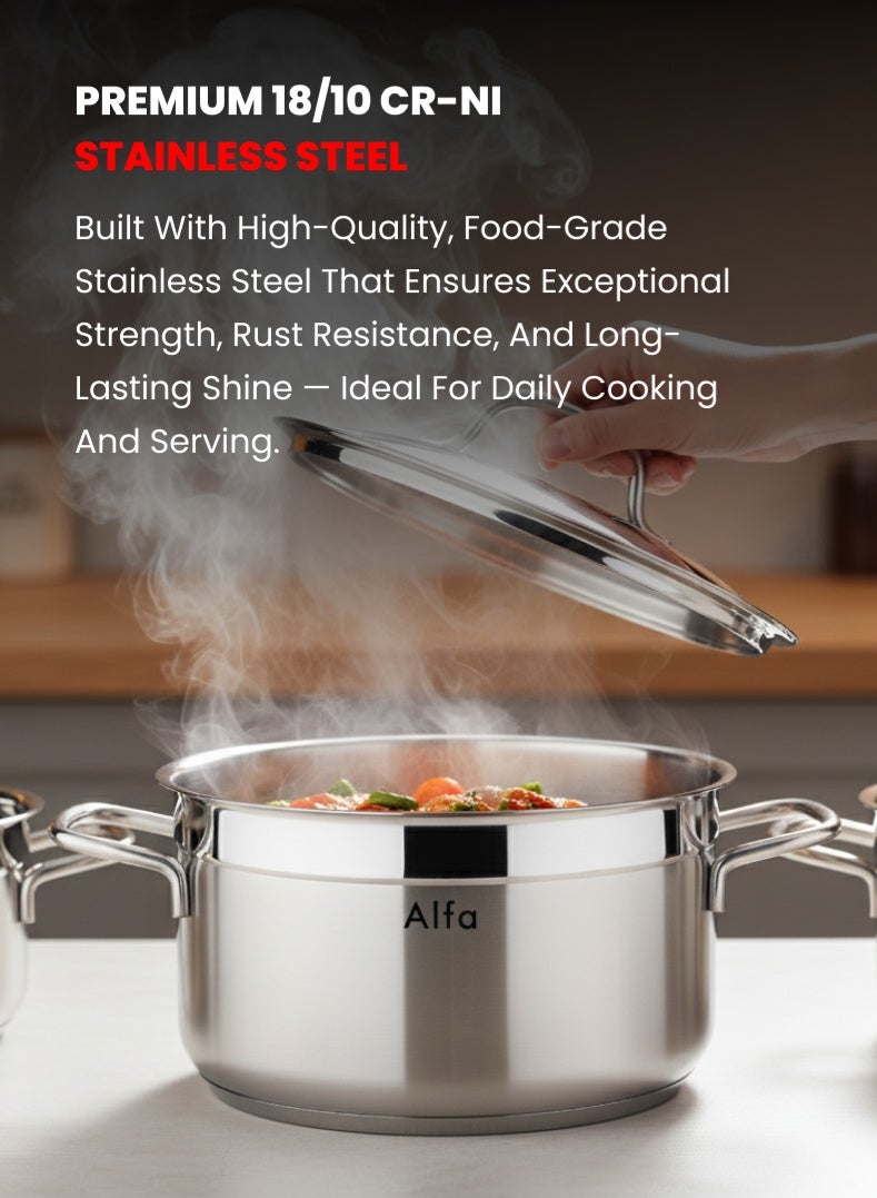 ALFA 6‑Piece Premium Cookware Set | 18/10 Cr‑Ni Stainless Steel | 3 Large Casseroles with Lids | Induction, Gas & Electric Compatible | Dishwasher Safe - Image 2