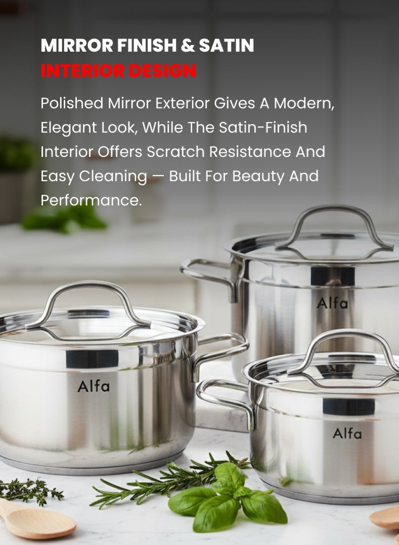 ALFA 6‑Piece Premium Cookware Set | 18/10 Cr‑Ni Stainless Steel | 3 Large Casseroles with Lids | Induction, Gas & Electric Compatible | Dishwasher Safe - Image 3