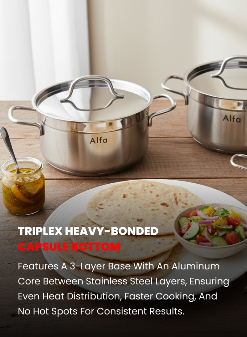 ALFA 6‑Piece Premium Cookware Set | 18/10 Cr‑Ni Stainless Steel | 3 Large Casseroles with Lids | Induction, Gas & Electric Compatible | Dishwasher Safe - Image 5