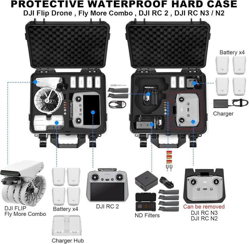 Lekufee Waterproof Hard Case for DJI Flip,Fly More Combo,DJI RC 2,RC N3/N2,Battery(9 pcs),Charging Hub and More Accessories(Case Only) - Image 2