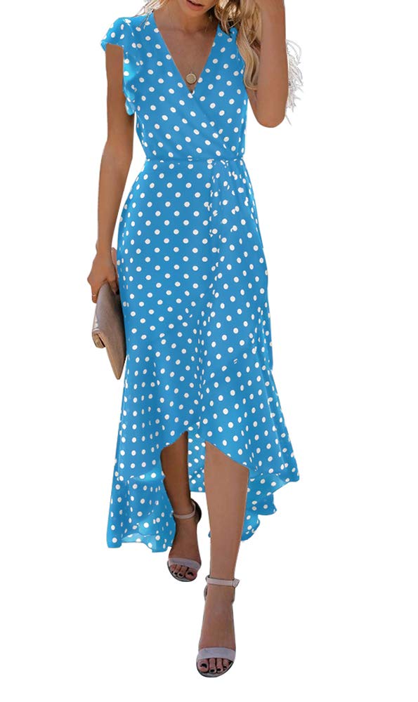 GRECERELLE Womens Summer Floral Print Cross V Neck Dress Bohemian Flowy Long Maxi Dress PDLight BlueLarge